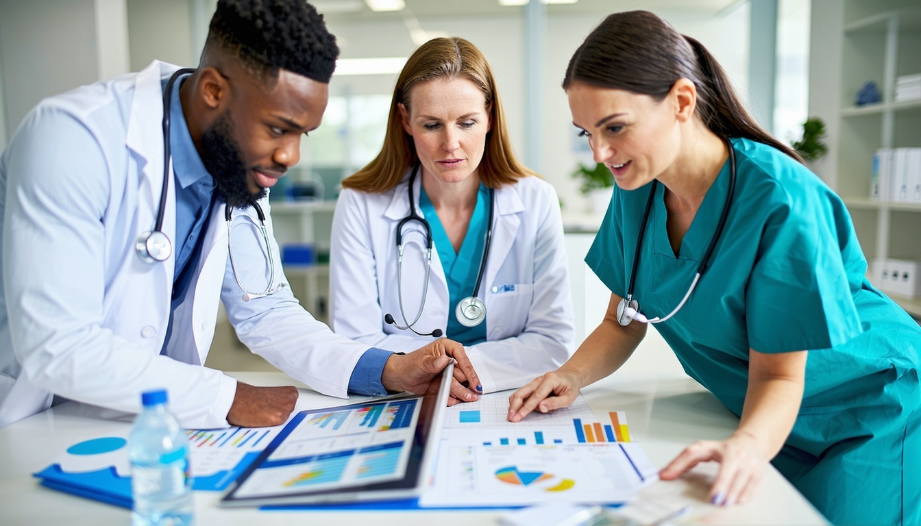 A group of healthcare professionals and IT specialists collaborating in a modern hospital setting symbolizing synergy in healthcare mergers and acquisitions